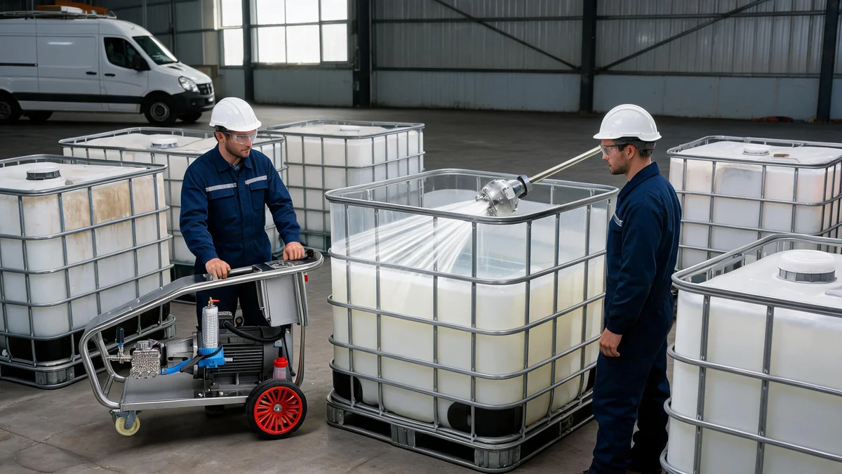 Horizon Integrity professional service team cleaning IBC totes on site