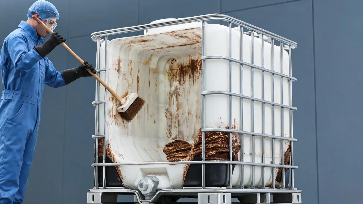 Worker manually cleaning a heavily soiled IBC tote with a brush, showing the challenge of reaching all interior surfaces