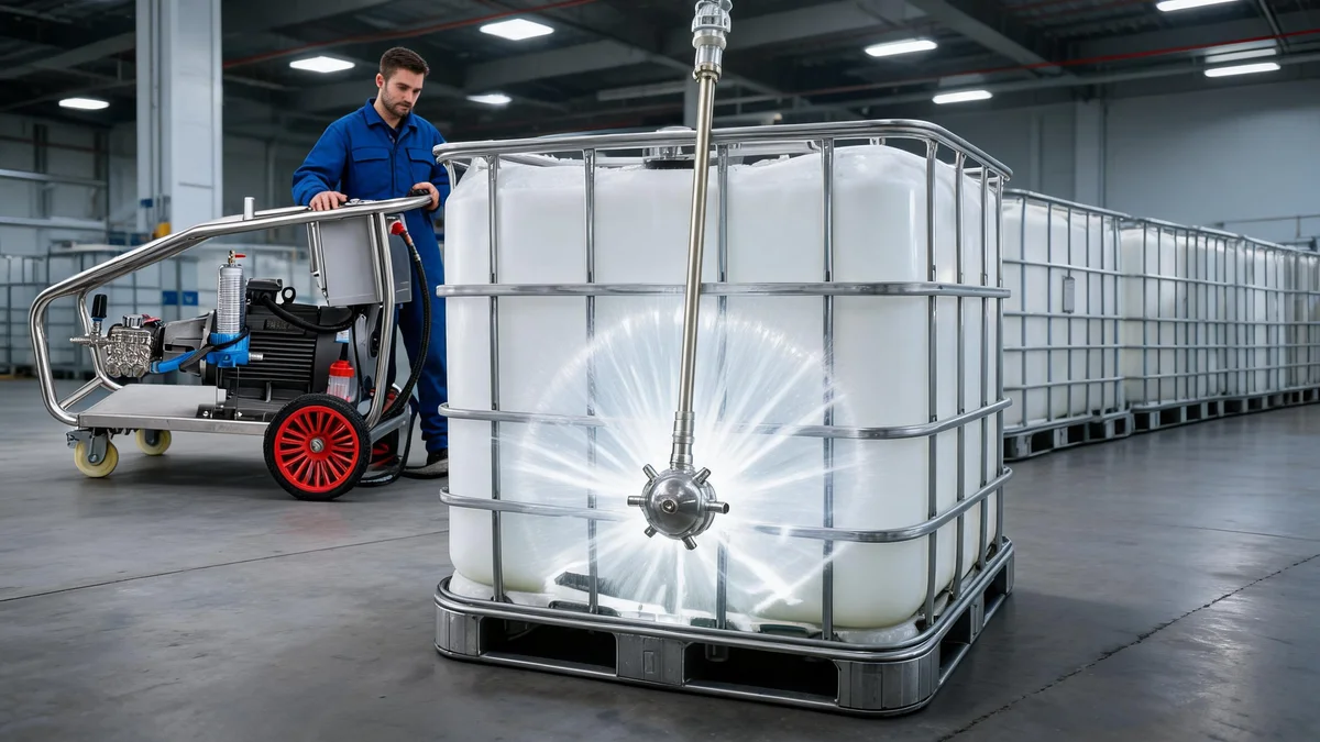 Professional technician operating IBC tote cleaning system with high-pressure washer and 3D nozzle