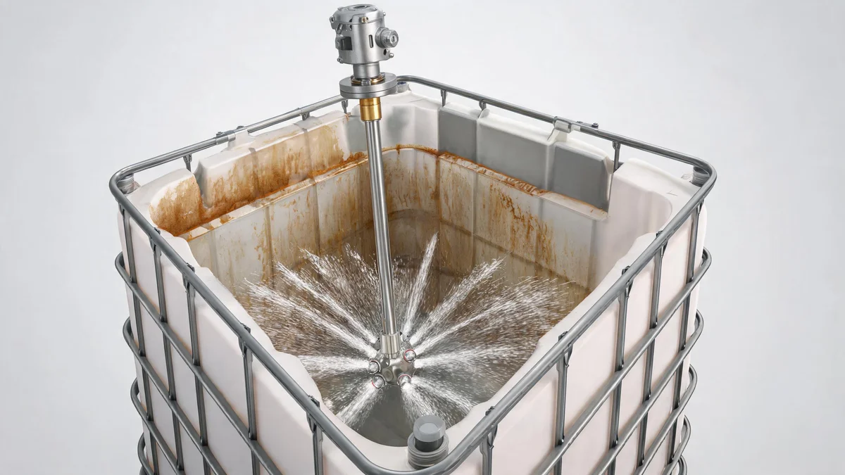 Pneumatic 3D nozzle cleaning IBC tote interior in action