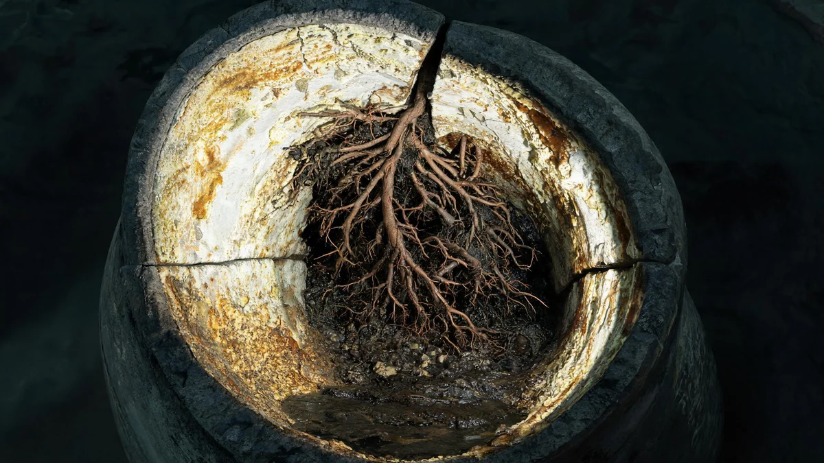 Cross-section of a sewer pipe with heavy scale buildup and tree root intrusion