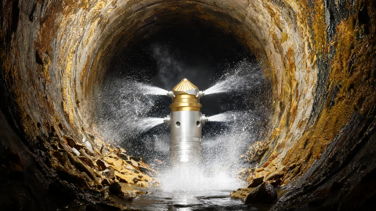 Pagoda rotating nozzle working inside a sewer pipe