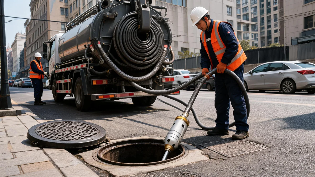 Professional drain cleaning technician using rotating nozzle on city street