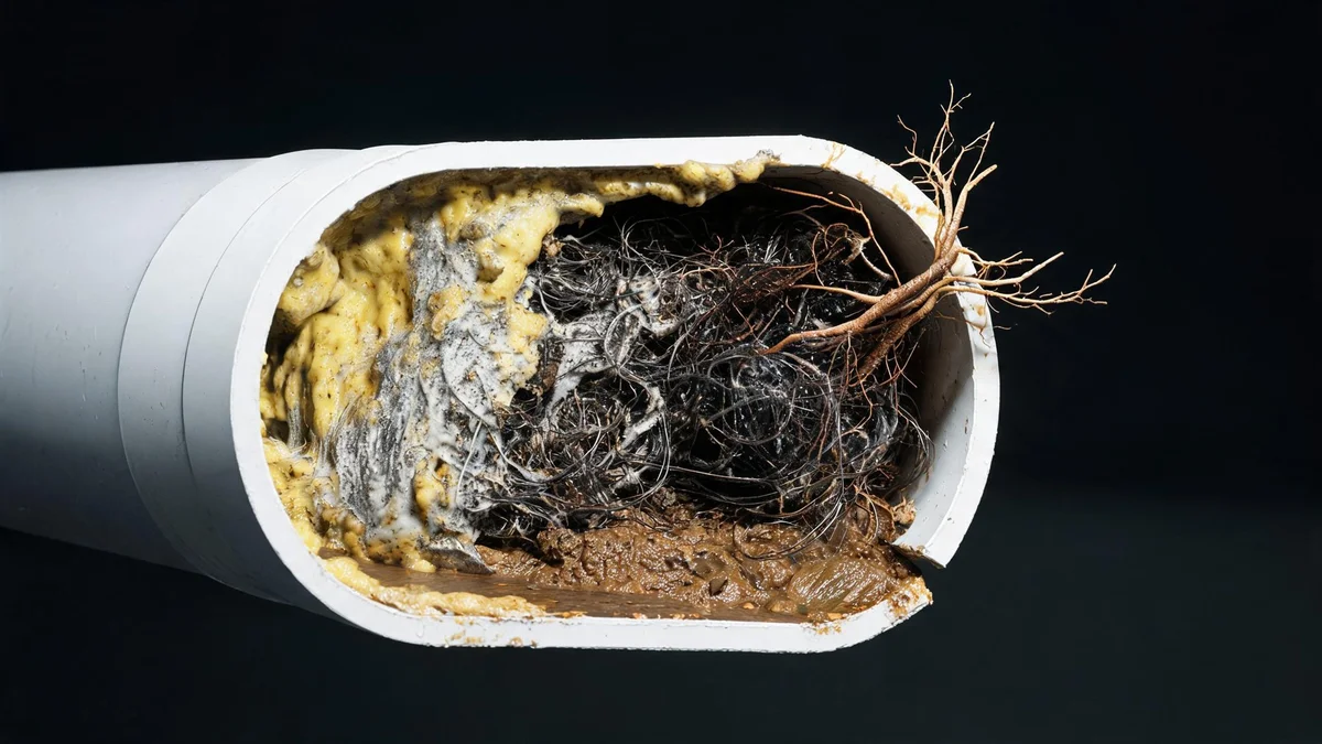 Cross-section of a residential drain pipe blocked with grease, hair, soap scum, and tree roots