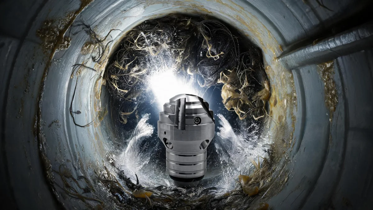 Tapered Bulb Nozzle rotating and cleaning inside a residential drain pipe