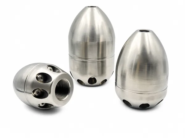 Front view of Torpedo Nozzle SL0.5 showing streamlined nozzle head and connection ports.