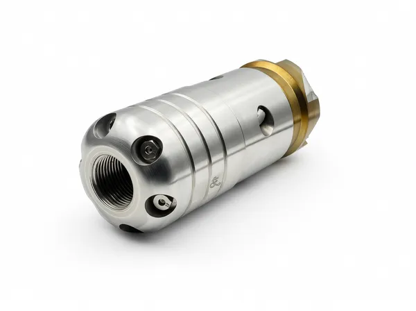 Side profile view of Pagoda Nozzle showing internal chamber structure and fluid inlet connection point details