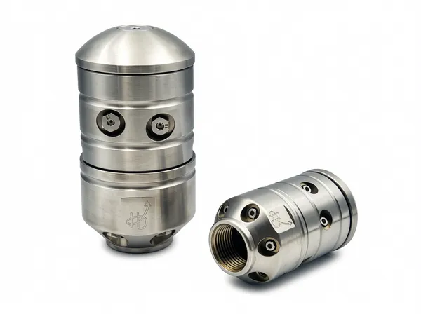Side profile of rotor nozzle showing internal mechanism and spray pattern optimization for industrial fluid application.
