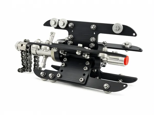Side profile view of the chain cutter nozzle showing mounting interface and hydraulic connection ports