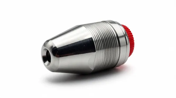 Side profile of industrial elbow nozzle showing threaded connection ports and attachment point details.