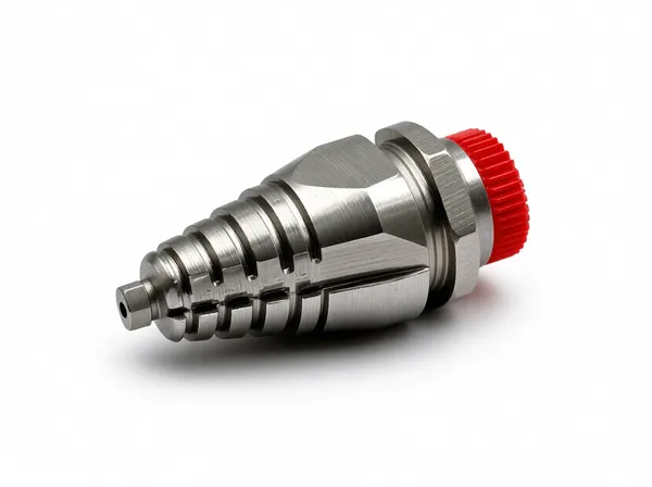 Side profile view of taper screw nozzle showing mounting interface and tapered inlet design.