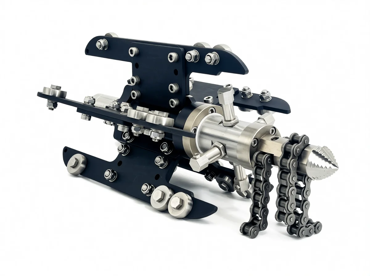 Industrial hydraulic chain cutter nozzle attachment for efficient debris removal and flow control in dredging systems
