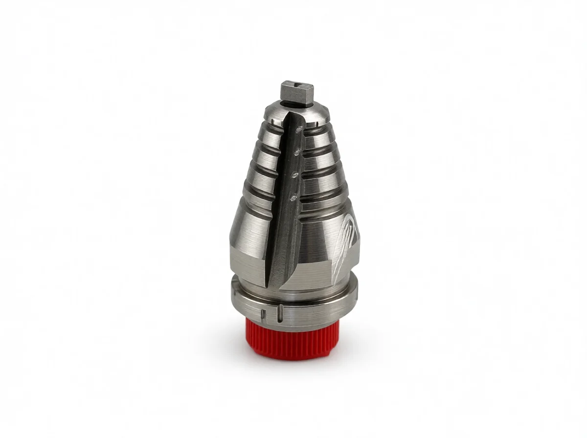 Taper screw nozzle industrial valve component with precision machined threads for flow control applications.